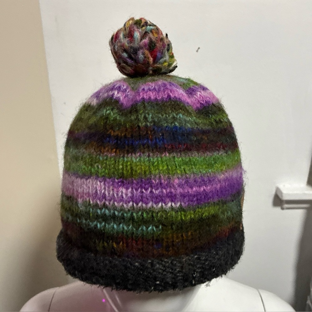 Kyber Outerwear Beanie Multicolor Striped Nepal Wool Knit with Pom-Pom OSFM